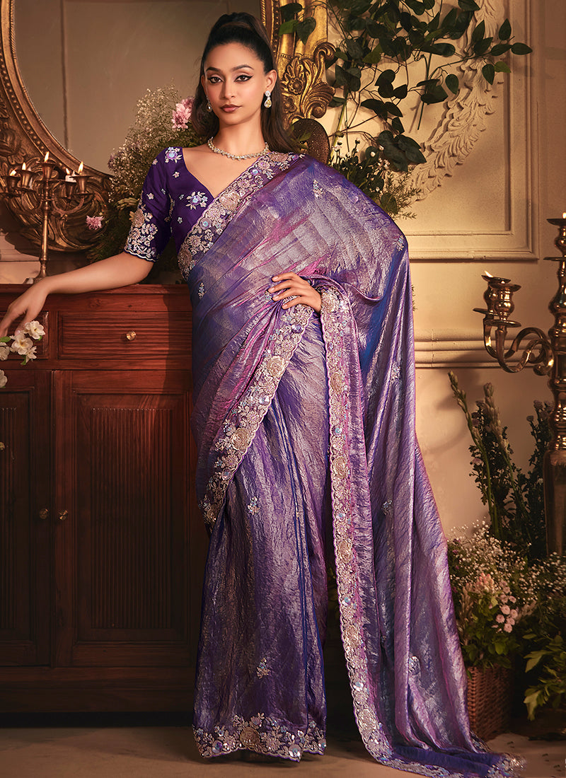 Tissue Organza Royal Purple Saree with Sequin Work for Wedding Wear 383998