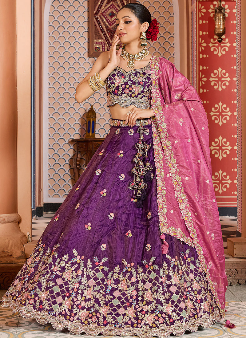 Tissue Royal Purple Wedding Wear Embroidery Work Lehenga Choli 387202