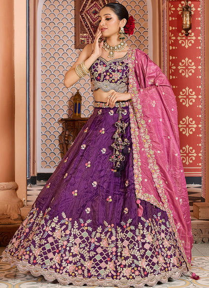 Tissue Royal Purple Wedding Wear Embroidery Work Lehenga Choli 387202
