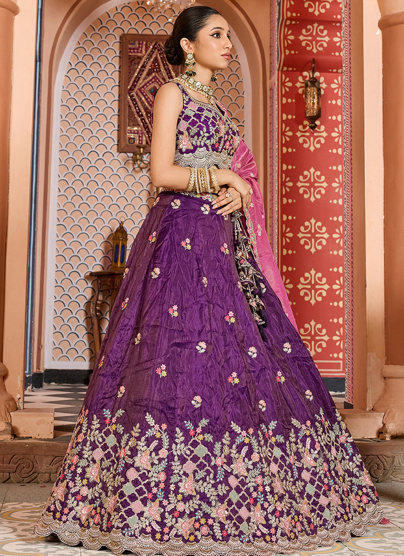 Tissue Royal Purple Wedding Wear Embroidery Work Lehenga Choli 387202
