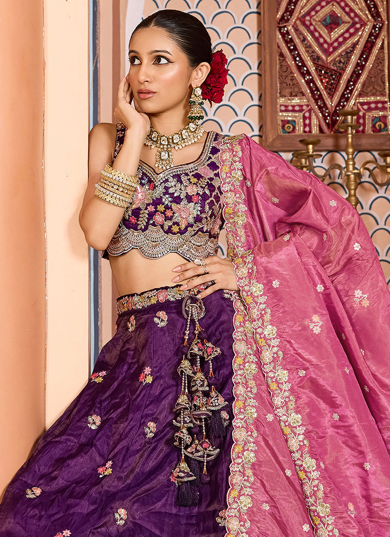 Tissue Royal Purple Wedding Wear Embroidery Work Lehenga Choli 387202