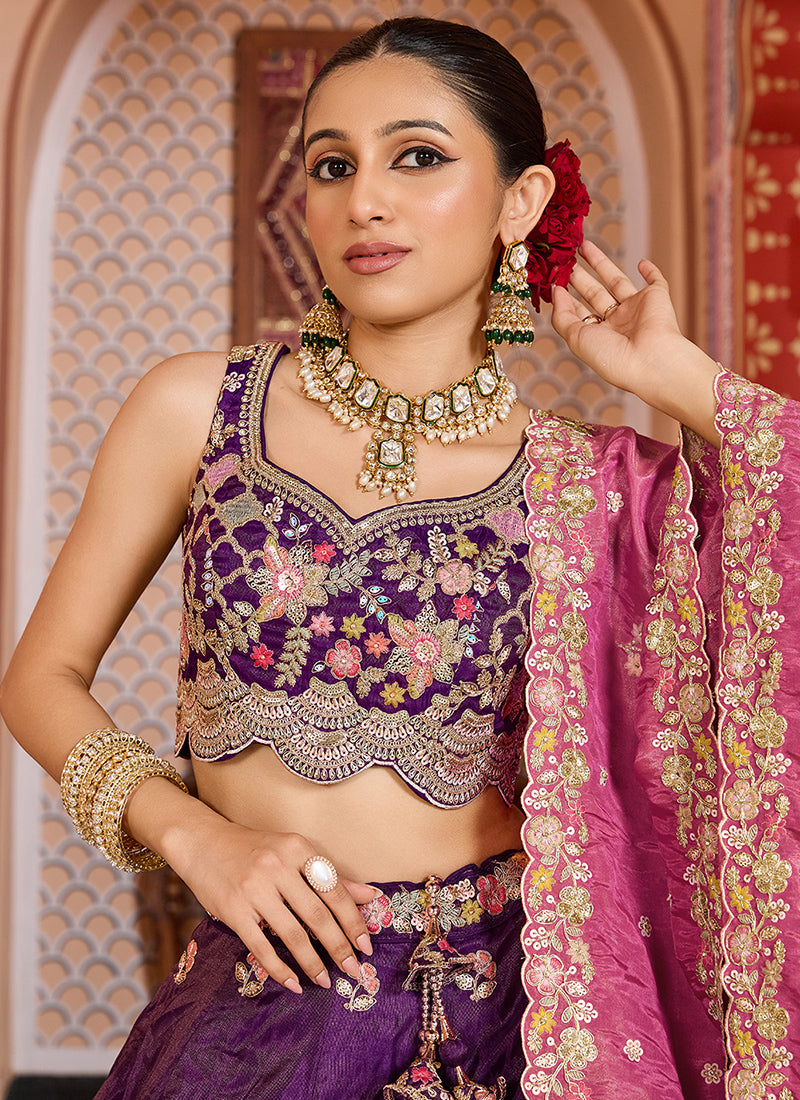Tissue Royal Purple Wedding Wear Embroidery Work Lehenga Choli 387202