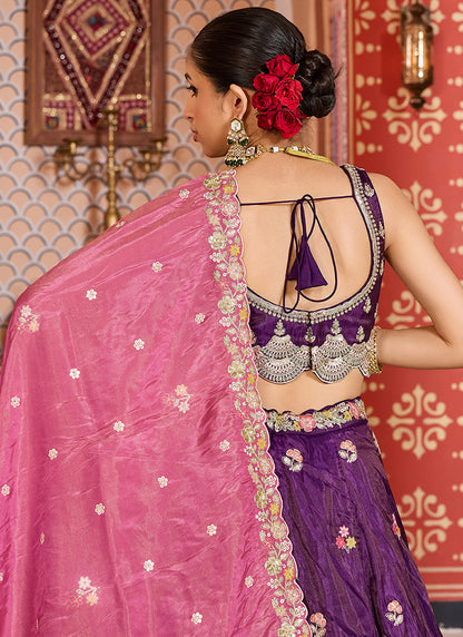Tissue Royal Purple Wedding Wear Embroidery Work Lehenga Choli 387202
