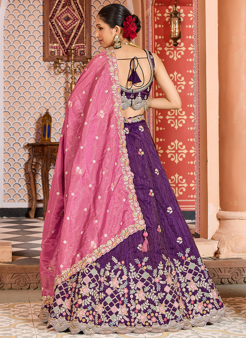 Tissue Royal Purple Wedding Wear Embroidery Work Lehenga Choli 387202