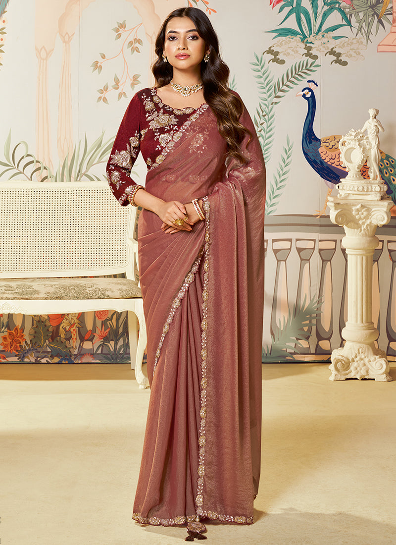 Silk Rust Saree with Embroidery Work for Festival Wear 385025