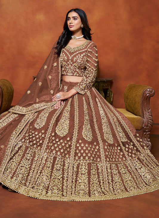 Rust Net Embroidery Work Wedding Wear Lehenga Choli SW806734