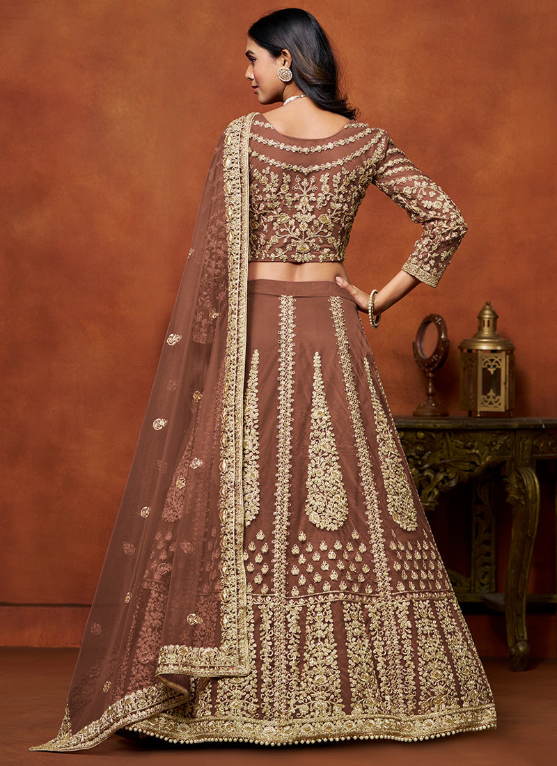 Rust Net Embroidery Work Wedding Wear Lehenga Choli SW806734
