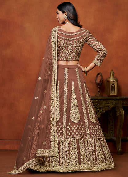 Rust Net Embroidery Work Wedding Wear Lehenga Choli SW806734