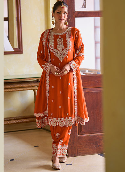 Rust Orange Chinon Embroidery Work Festival Wear Readymade Salwar Suit SW145932