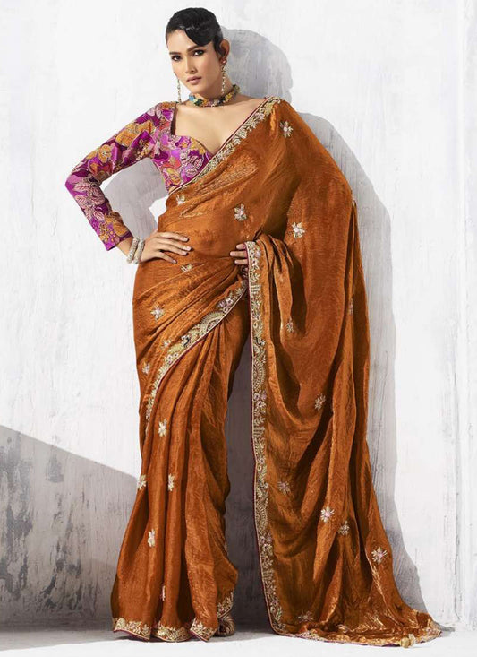 Fancy Fabric Rust Orange Designer Saree with Thread Embroidery Work for Party Wear 384469