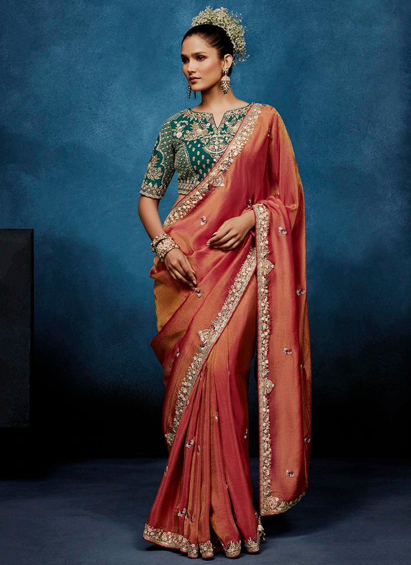 Rust Orange Fancy Silk Embroidery Work Wedding Wear Saree SW558676