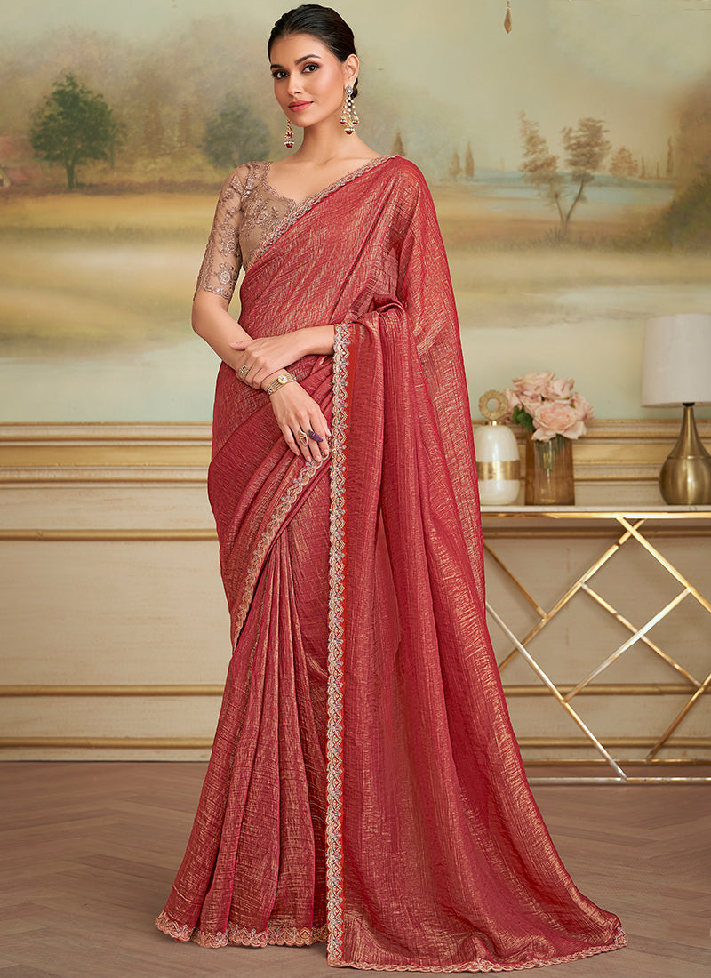 Georgette Rust Orange Party Wear Embroidery Work Saree 386399