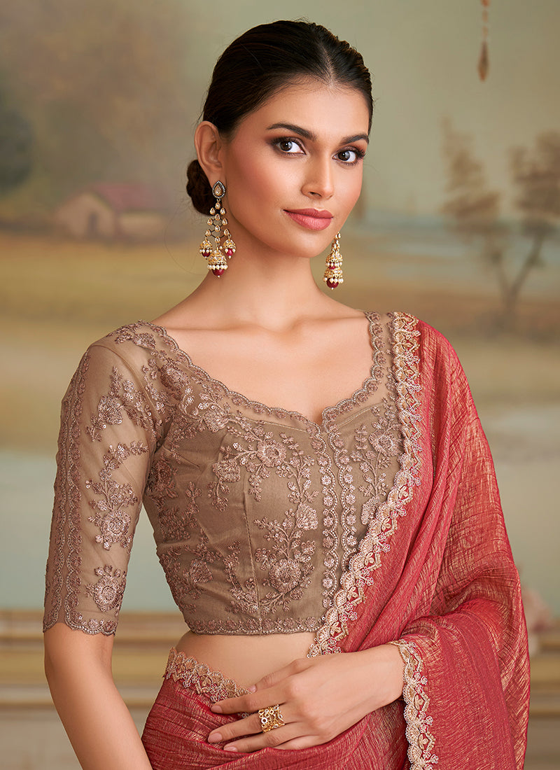 Georgette Rust Orange Party Wear Embroidery Work Saree 386399