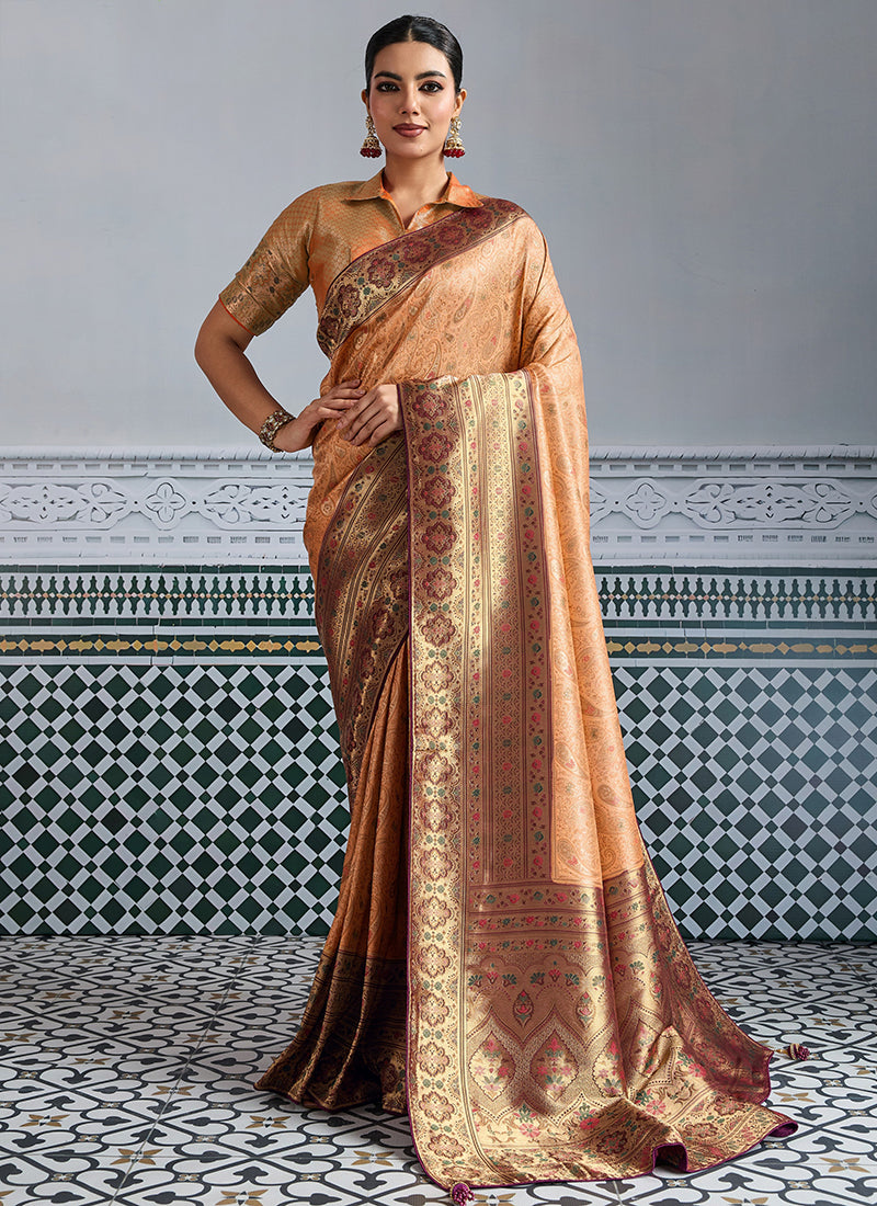 Kanjivaram Silk Rust Orange Saree with Meenakari Work for Party Wear 383721