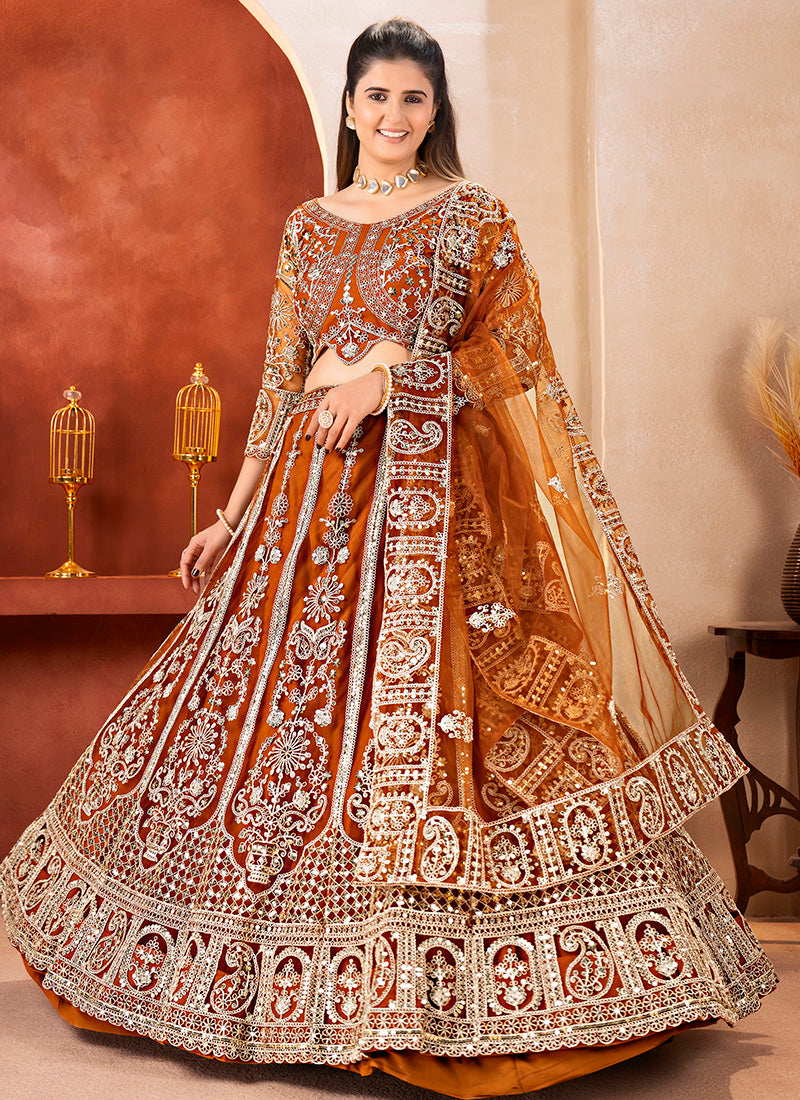 Rust Orange Net Sequins Work  Wedding Wear Lehenga Choli SW550467
