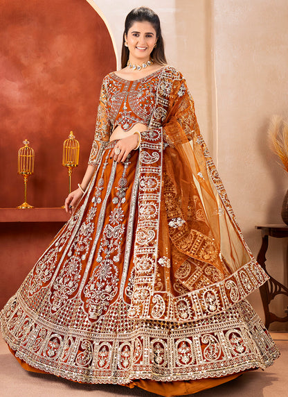 Rust Orange Net Sequins Work  Wedding Wear Lehenga Choli SW550467