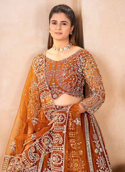 Rust Orange Net Sequins Work  Wedding Wear Lehenga Choli SW550467