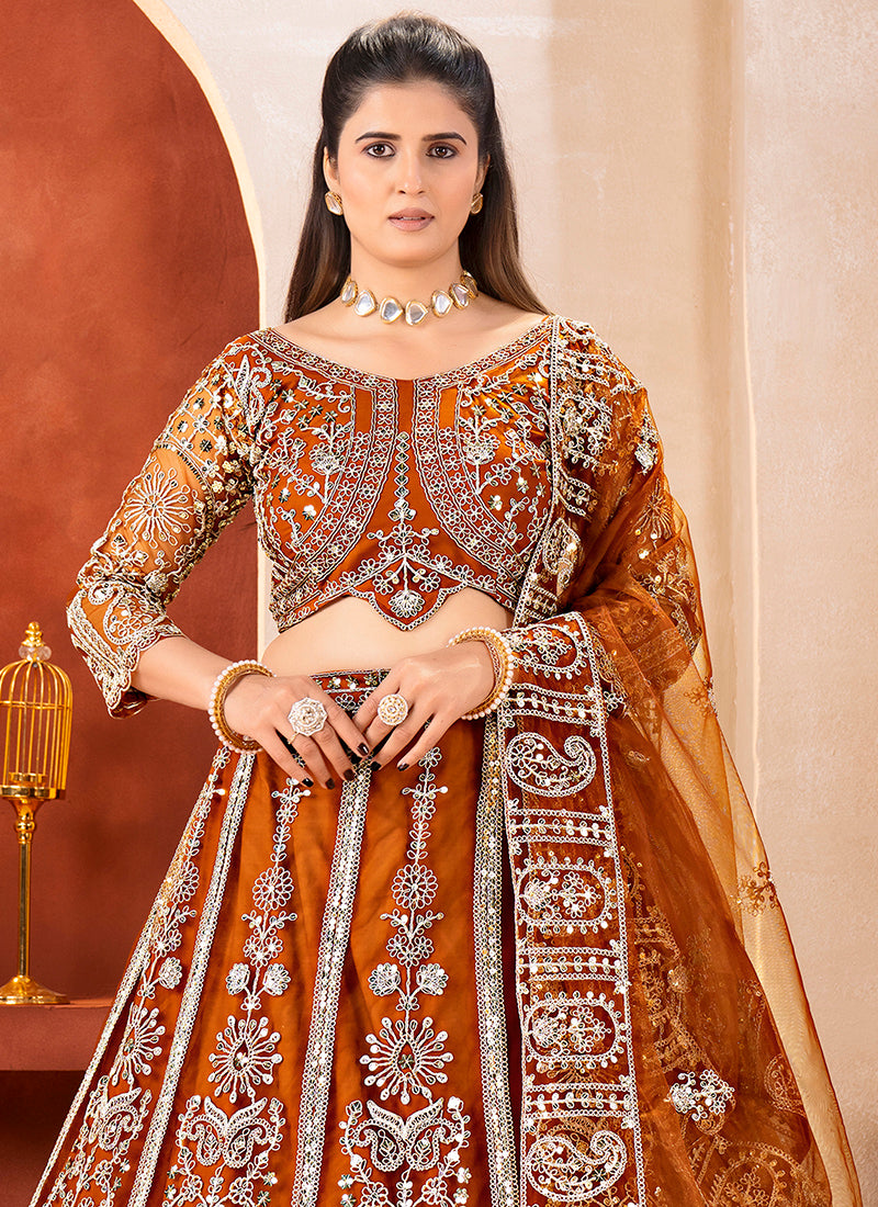 Rust Orange Net Sequins Work  Wedding Wear Lehenga Choli SW550467