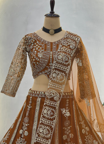Rust Orange Net Sequins Work  Wedding Wear Lehenga Choli SW550467