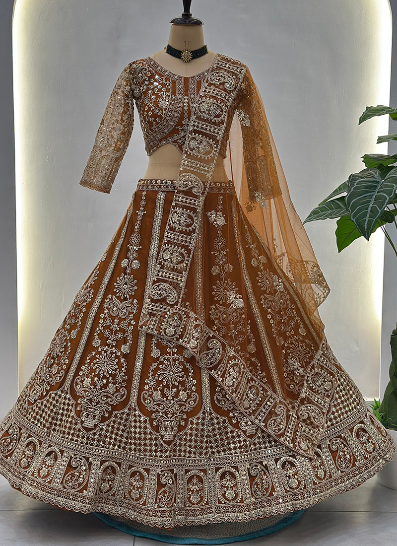 Rust Orange Net Sequins Work  Wedding Wear Lehenga Choli SW550467