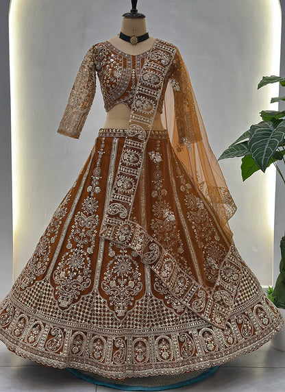 Rust Orange Net Sequins Work  Wedding Wear Lehenga Choli SW550467