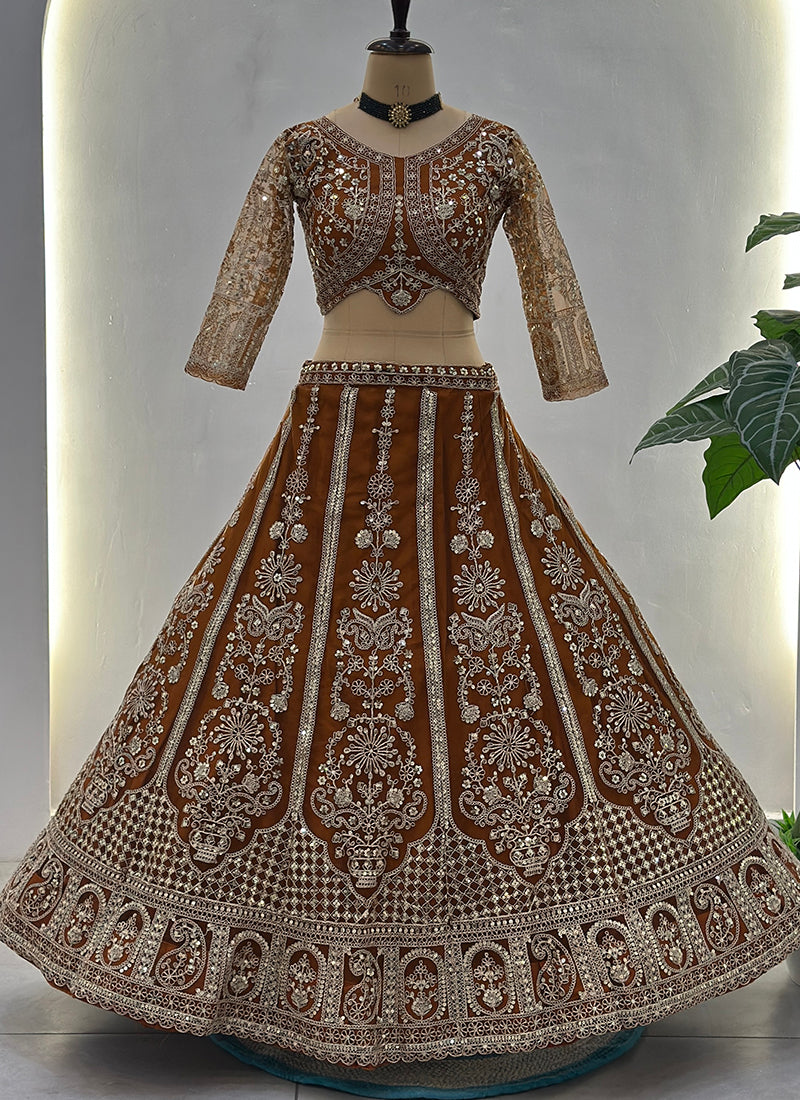 Rust Orange Net Sequins Work  Wedding Wear Lehenga Choli SW550467