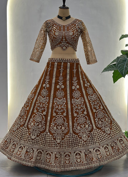 Rust Orange Net Sequins Work  Wedding Wear Lehenga Choli SW550467