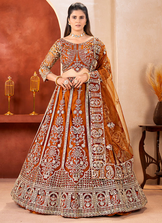 Rust Orange Net Sequins Work  Wedding Wear Lehenga Choli SW550467