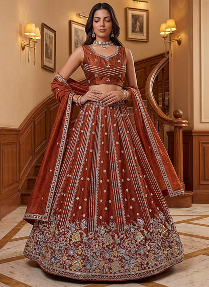 Rust Orange Organza Sequins Work  Occasional Wear Lehenga Choli SW252431
