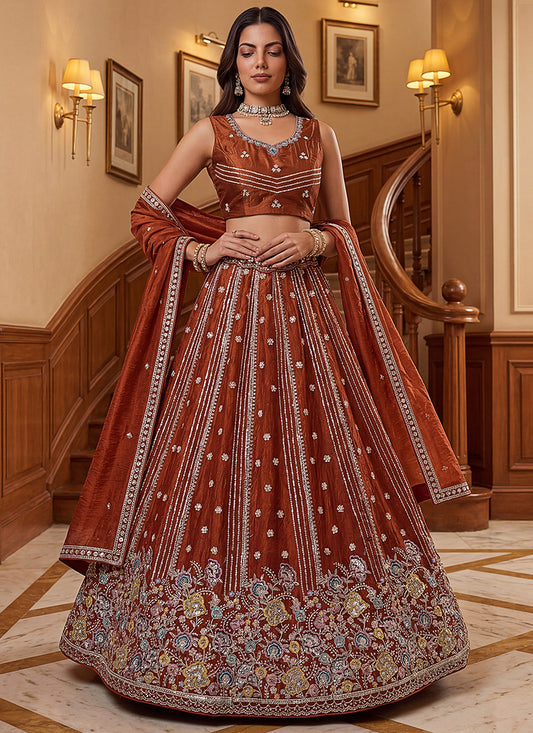 Rust Orange Organza Sequins Work  Occasional Wear Lehenga Choli SW252431