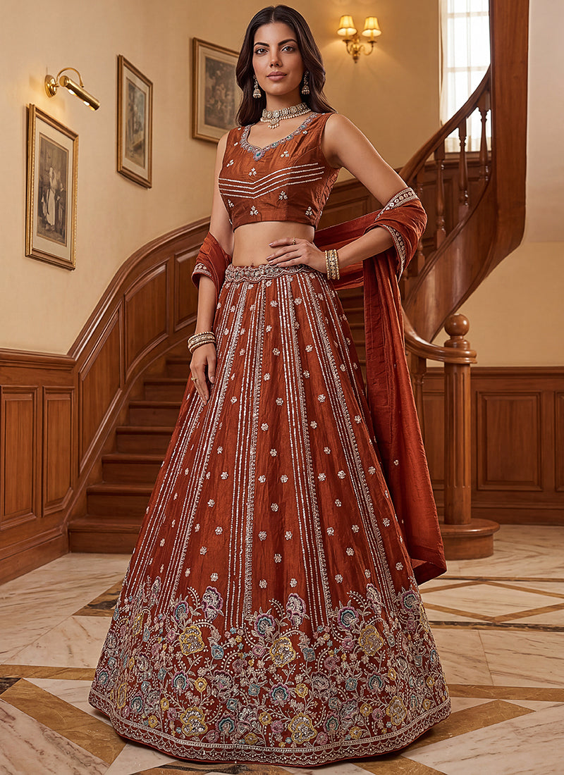 Rust Orange Organza Sequins Work  Occasional Wear Lehenga Choli SW252431