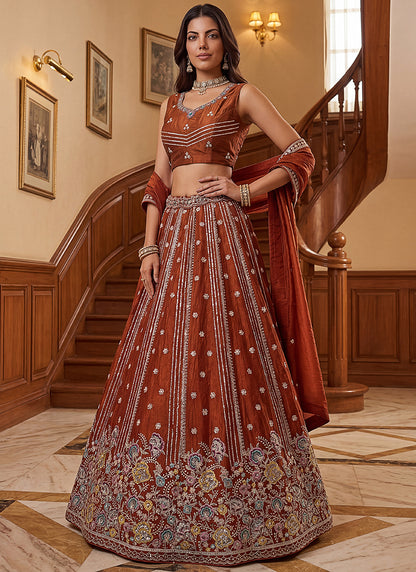 Rust Orange Organza Sequins Work  Occasional Wear Lehenga Choli SW252431