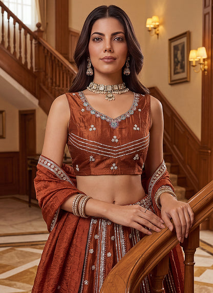 Rust Orange Organza Sequins Work  Occasional Wear Lehenga Choli SW252431