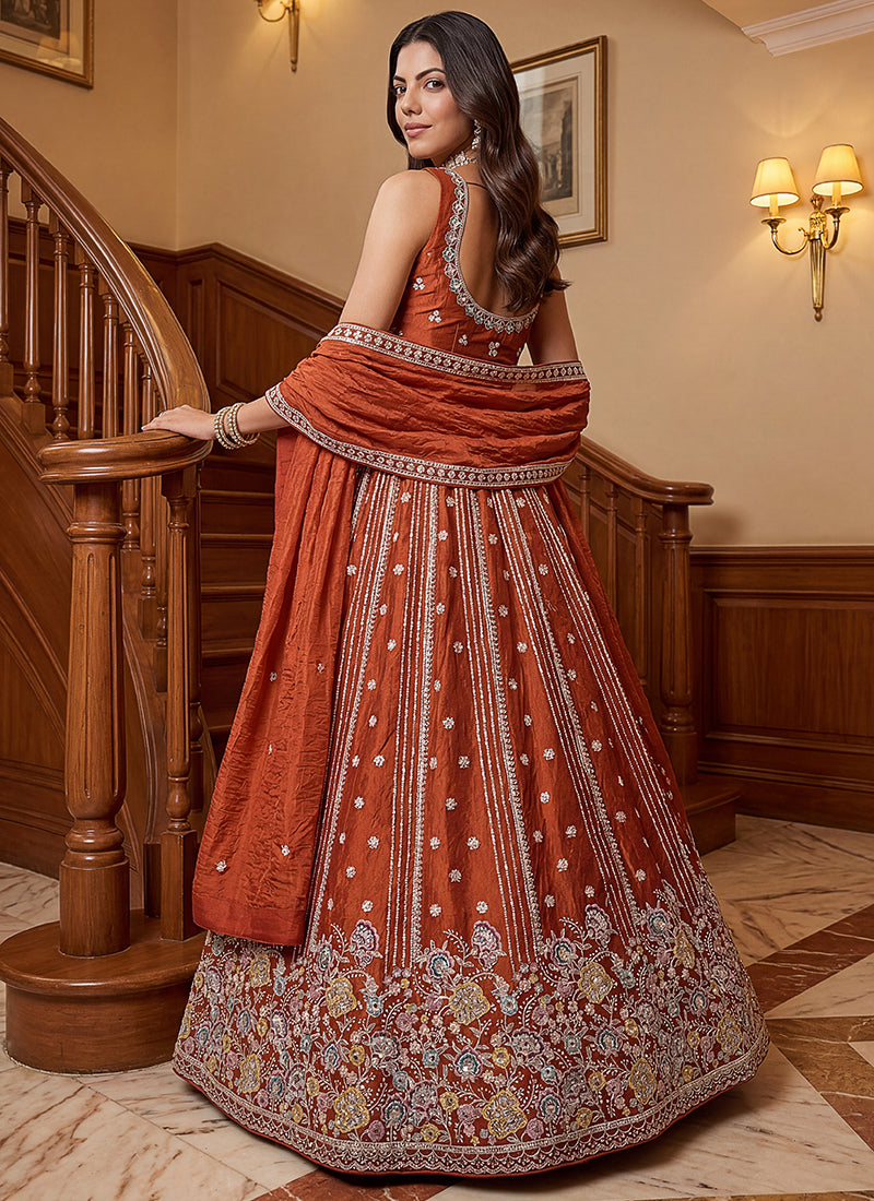 Rust Orange Organza Sequins Work  Occasional Wear Lehenga Choli SW252431