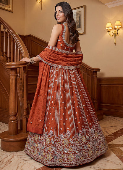 Rust Orange Organza Sequins Work  Occasional Wear Lehenga Choli SW252431