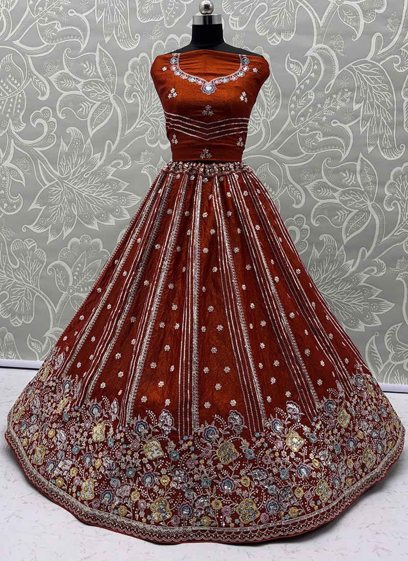 Rust Orange Organza Sequins Work  Occasional Wear Lehenga Choli SW252431