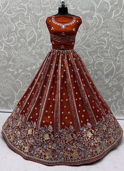 Rust Orange Organza Sequins Work  Occasional Wear Lehenga Choli SW252431