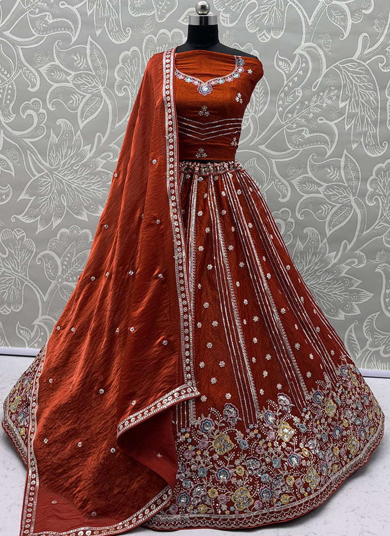 Rust Orange Organza Sequins Work  Occasional Wear Lehenga Choli SW252431