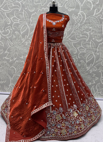 Rust Orange Organza Sequins Work  Occasional Wear Lehenga Choli SW252431