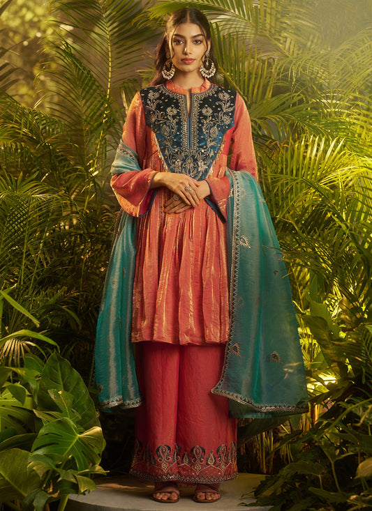 Organza Rust Orange Wedding Wear Embroidery Work Readymade Plazzo Suit 390815