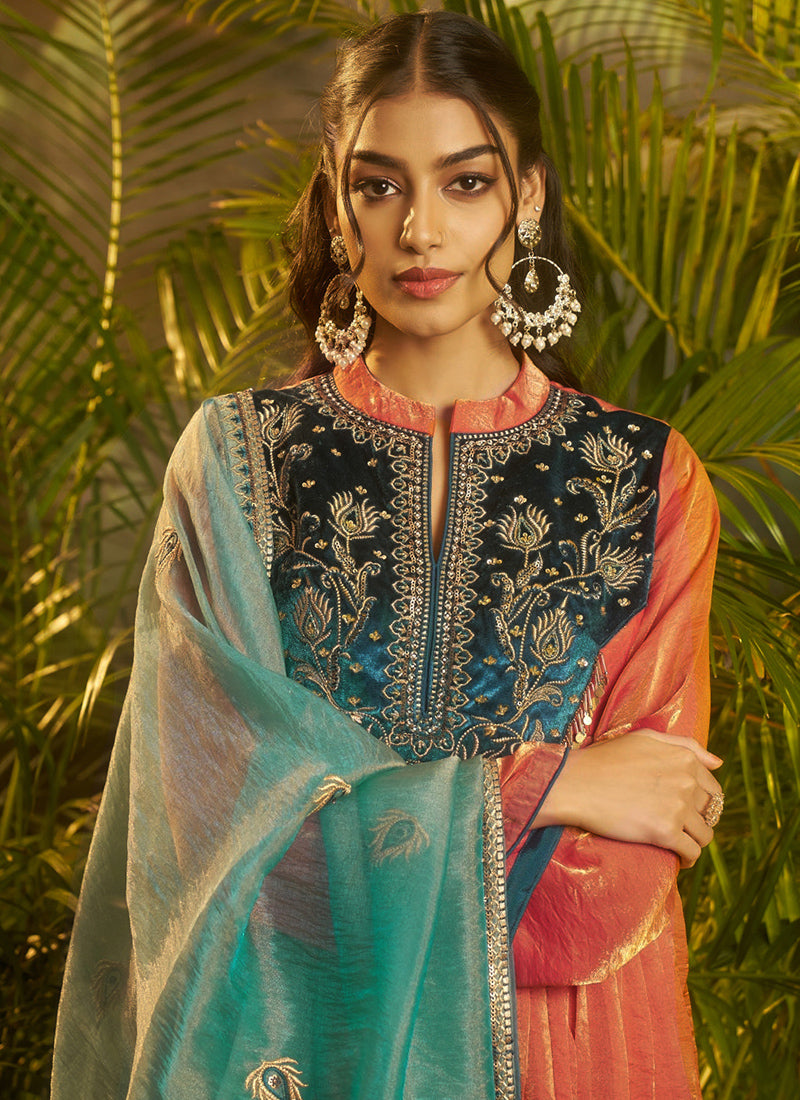 Organza Rust Orange Wedding Wear Embroidery Work Readymade Plazzo Suit 390815