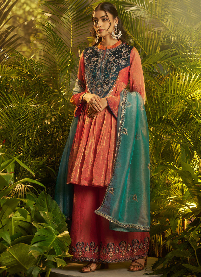 Organza Rust Orange Wedding Wear Embroidery Work Readymade Plazzo Suit 390815