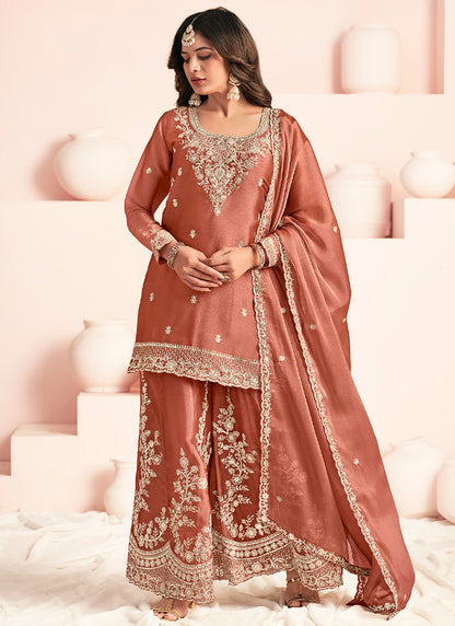 Rust Orange Silk Embroidery Work Occasional Wear Readymade Plazzo Suit SW572219