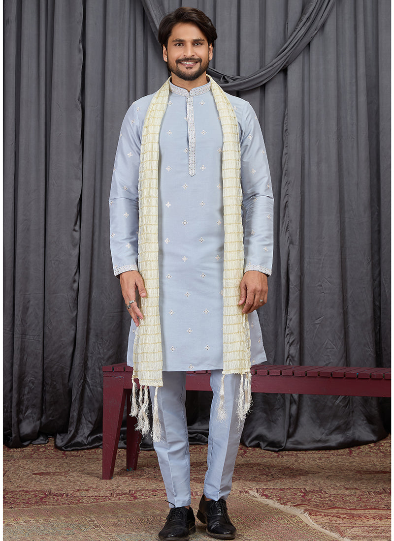 Sky Blue Art Silk Patten Pcs Occasional Wear Readymade Kurta Pajama With Stole SW292746