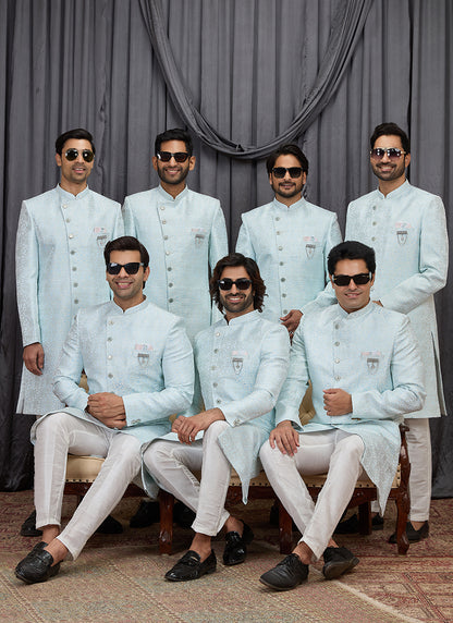 Sky Blue Jaquard  Patten Pcs Wedding Wear Readymade Indowestern Suit SW607910
