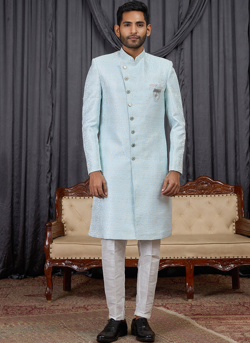Sky Blue Jaquard  Patten Pcs Wedding Wear Readymade Indowestern Suit SW607910
