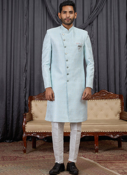 Sky Blue Jaquard  Patten Pcs Wedding Wear Readymade Indowestern Suit SW607910