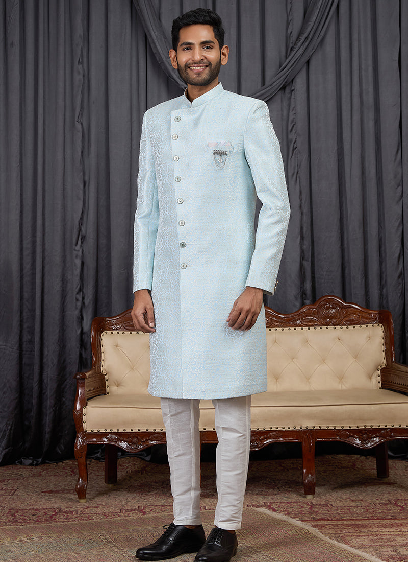 Sky Blue Jaquard  Patten Pcs Wedding Wear Readymade Indowestern Suit SW607910