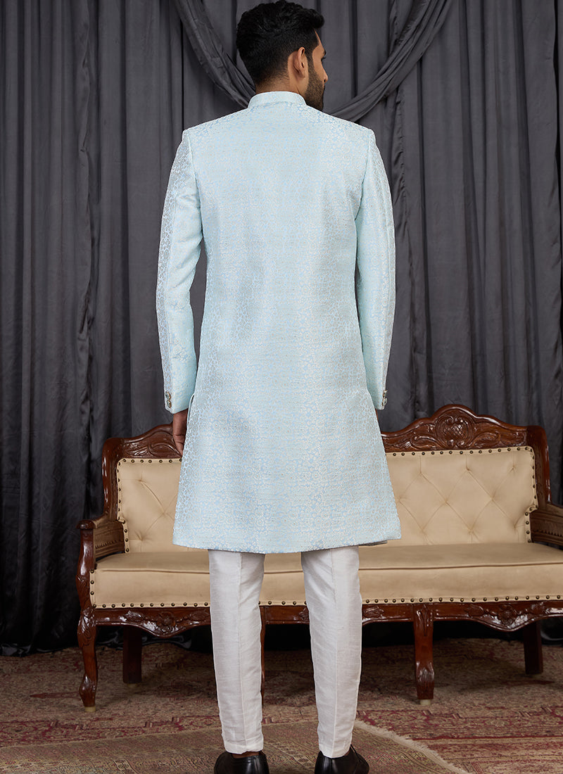 Sky Blue Jaquard  Patten Pcs Wedding Wear Readymade Indowestern Suit SW607910