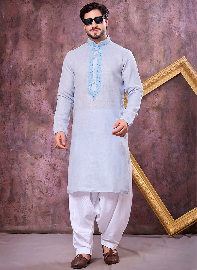 Sky Blue Linen Cotton Embroidery Work Occasional Wear Readymade Kurta Pajama SW187633